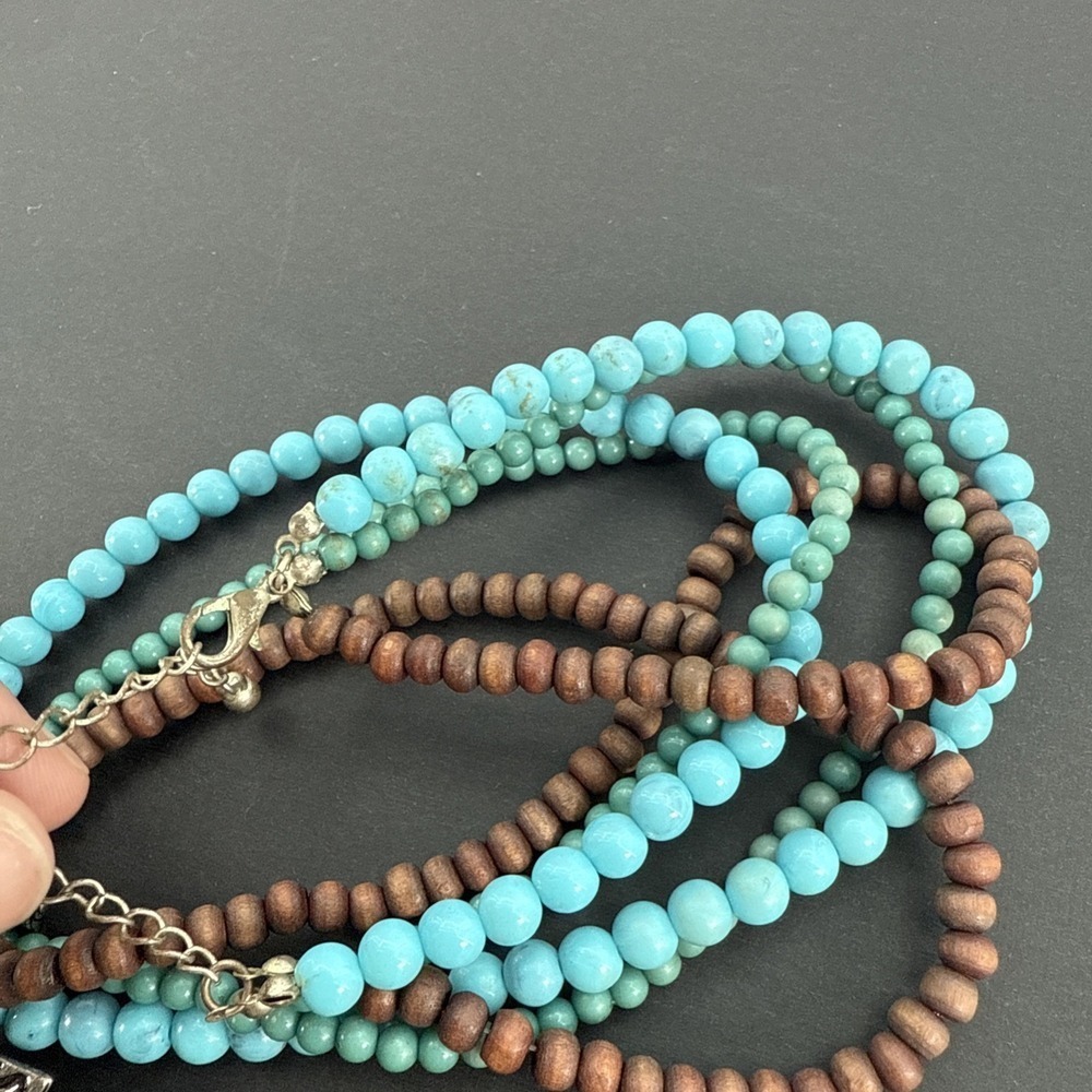 Vintage Southwestern Cross Pendant Necklace Turquoise Tiger Eye Jasper Stones - Picture 9 of 12